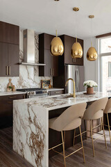 Luxurious kitchen with marble island, dark cabinets, and gold accents. Elegant pendant lights and a modern, sophisticated interior design.