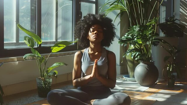 Woman in meditative posture indoors. She is surrounded by plants, sunlight, hands together, eyes closed. tranquil setting emphasizes moment self-care, mindfulness.