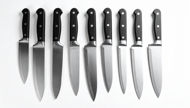 A modern kitchen knife set with stainless steel blades and ergonomic black handles, neatly arranged on a clean white background with soft shadows. Each knife is aligned for a sleek, professional look.