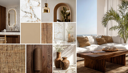 Natural and elegant decor: bathroom with wood and marble finishes, living room with rustic sofa and coffee table, straw and terracotta elements.