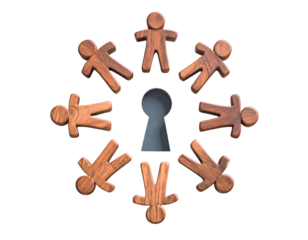 Leadership and Access Concept with Wooden Figures and Keyhole – Isometric PNG