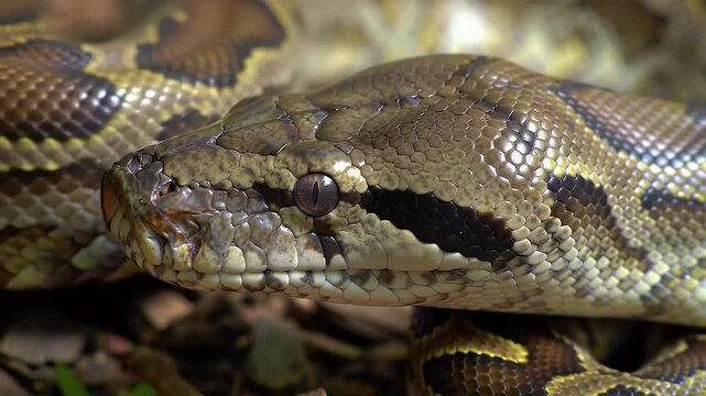Brown and Beige Reticulated Python Close Up with Triangular Head Resting on the Ground with Foliage