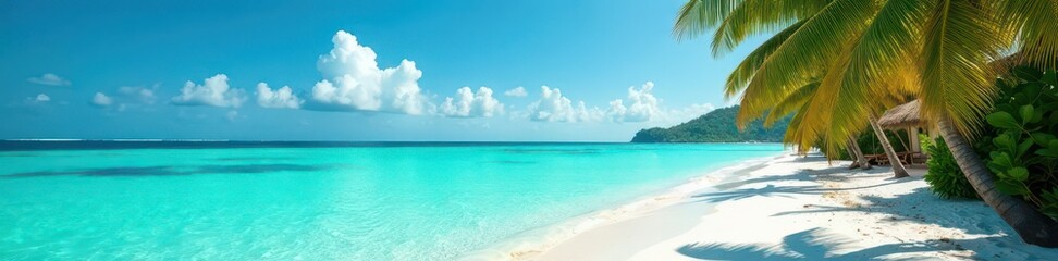 Turquoise water laps white sand, palm trees sway gently ,  texture,  beauty