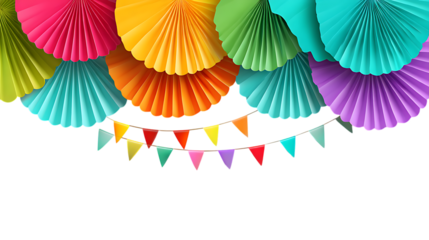 Festive multicolored paper fans and triangular bunting adorn isolated on white or trasparent png.