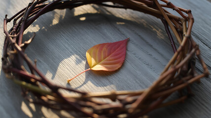 A single autumn leaf is framed by a rustic twig wreath on a wooden surface.