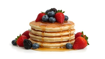 Fluffy Pancakes with Syrup and Berries &ndash; Breakfast Food Isolated Image