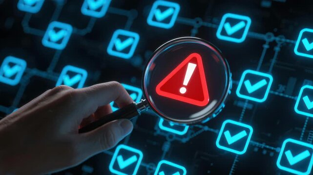 Cybersecurity threat detected under magnifying glass showing red warning sign among digital check marks on a futuristic screen.