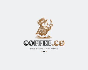 A Bird wearing hat and holding a cup of coffee logo template