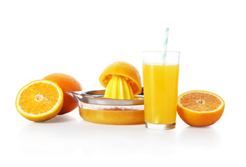 Tasty orange juice, fresh fruits and juicer isolated on white