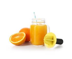 Tasty orange juice in mason jar, plastic juicer and fresh fruits isolated white