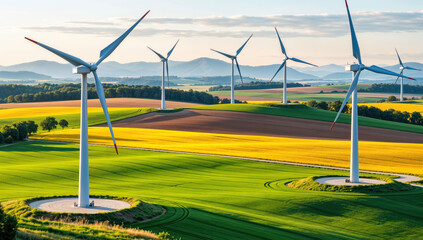 wind turbines in rural landscape at sunrise