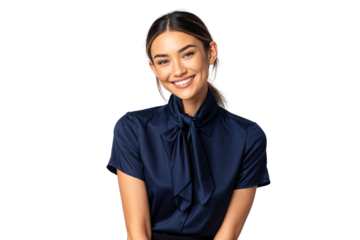 Smiling, professional flight attendant in a navy blue uniform