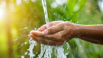 High quality photo of closeup of hands catching fresh water stream with green nature background, concept of health, hygiene, and natural resources, clean and pure water