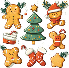 Fototapeta premium A cute gingerbread cookie set featuring a snowman, Santa Claus, and a reindeer ornament for Christmas celebration