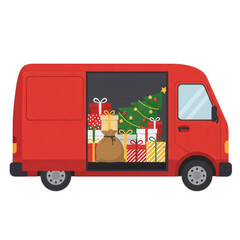 Red delivery truck with christmas gifts and tree isolated on transparent background