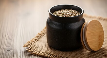 Small Ceramic Jar with Grains on Burlap. Natural, Organic, Rustic Food Storage