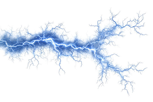 Electric blue lightning bolt with intricate branching patterns against a white background