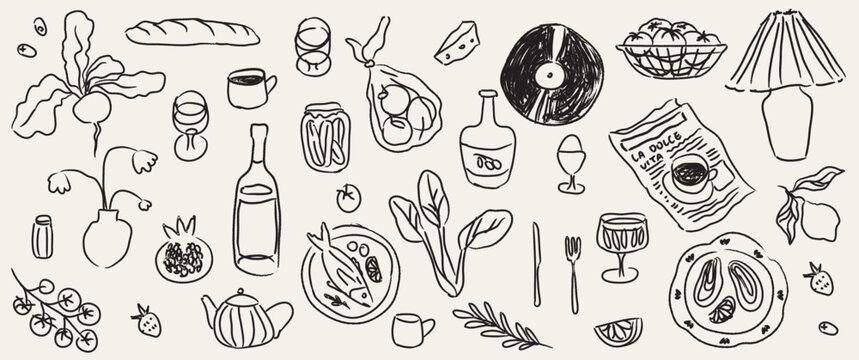 House party with food, wine, coffee and music. Italian style dinner or breakfast hand drawn vector illustrations in charcoal or chalk style for poster, placard and invitations. Perfect for menus decor