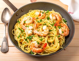 Spaghetti pasta with fresh shrimp, red chili slices, and green parsley, creates a delicious combination of colors.