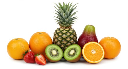 Vibrant Still Life of Assorted Fresh Fruits with Sliced Kiwi and Orange