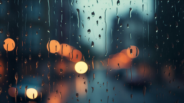 Rain or Dew Droplets on Glass Window with Blurred Background in New York City, Rain Droplets on Glass, Glass Surface Condensation, Blurred background through glass, moody rain window photo