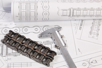 Driving roller chain with a caliper on a paper engineering drawings