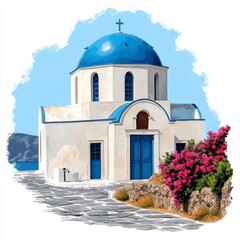 Obraz premium Picturesque Whitewashed Church with Blue Dome and Pink Bougainvillea
