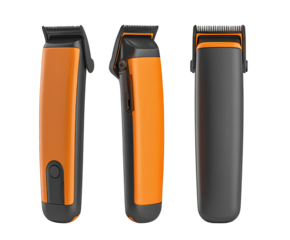 Three views of an orange and black portable hair clipper