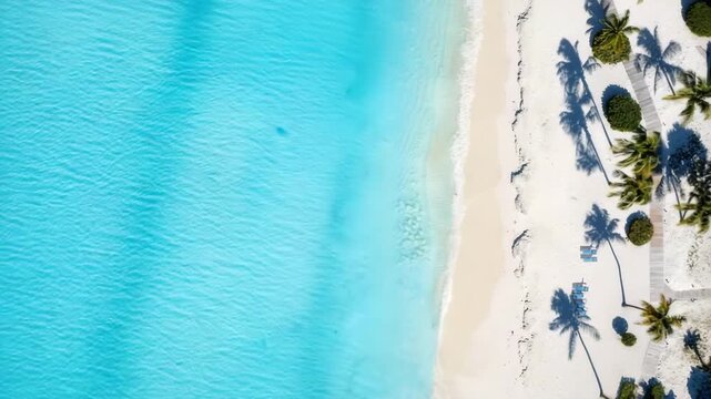 Top-down view of a sandy beach with blue water and waves, web banner design with copy space on the right for text or graphics.