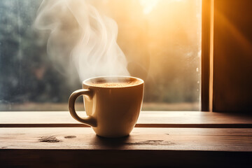 Warm Cup of Coffee with Rising Steam by Window in Cozy Natural Light
