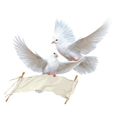Obraz premium Two white doves in flight, wings outstretched, holding a blank scroll