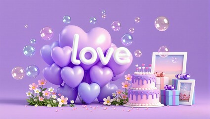 birthday cake with candles and balloons