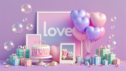 birthday cake with candles and balloons