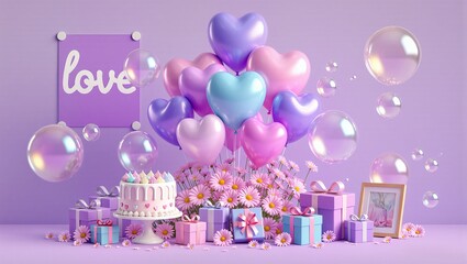 birthday cake with candles and balloons