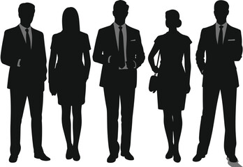 Silhouette, business, professionals, team, standing, formal, attire, corporate, leadership, collaboration, office, staff, group, executives, meeting, environment, concept, success, unity, illustration