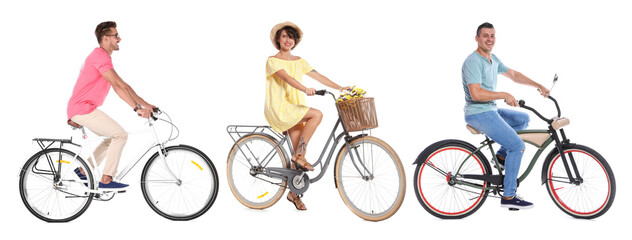 Fototapeta premium People riding bicycles on white background, collage of photos