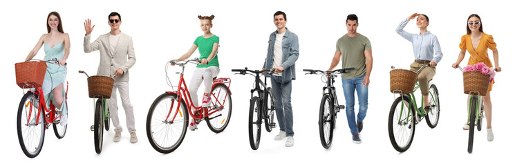 People with bicycles on white background, collage of photos