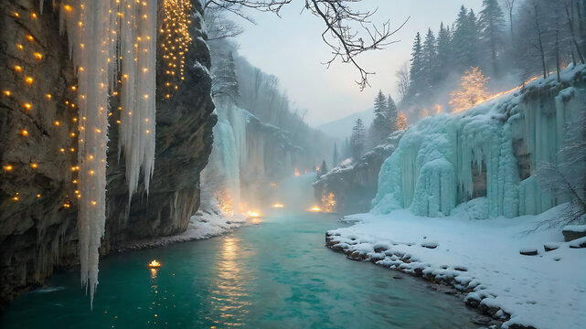 Glowing icicles frozen waterfall turquoise river turquoise water