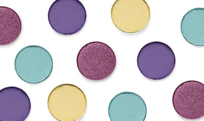 Different eyeshadow in refill pans on white background, set. Palette of shades