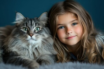 Calm girl sitting beside fluffy gray cat