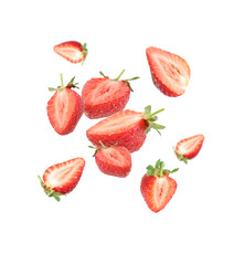 Fresh juicy strawberries in air against white background