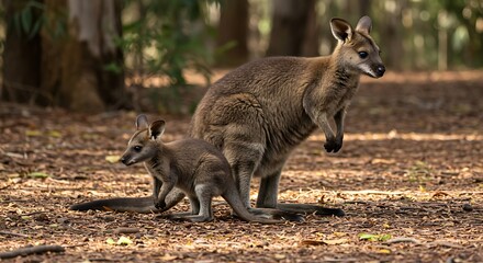 Adorable wallaby family exploring nature in a sun-dappled forest setting is absolutely captivating