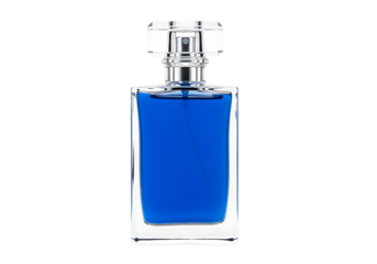 Bold rectangular men's perfume bottle with deep blue liquid and a sleek silver capon transparent background.