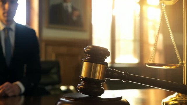 Courtroom interior featuring gavel, scales justice, representing legal proceedings. Symbolizing fairness, equality, judgment, impartial administration justice in court setting.
