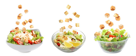Croutons falling into bowls of salads against white background, set