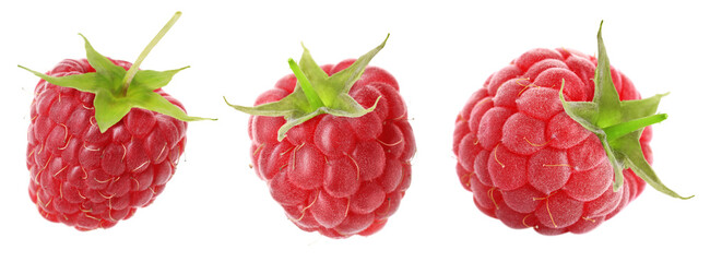 Fresh ripe raspberries isolated on white, set. Tasty berry