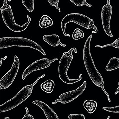 Chili pepper sketch. Seamless pattern. Hand drawn vector illustration. Hot pepper. Kitchen spice