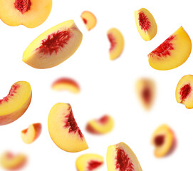 Fresh peaches whirling in air against white background