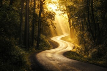 Sunlit forest road winding through misty morning trees