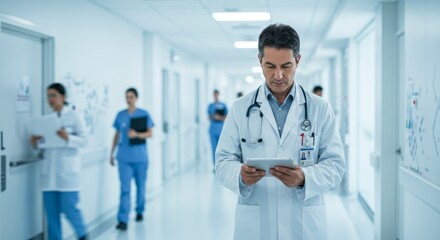 Male doctor in white coat walking down a hospital corridor while using digital tablet